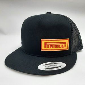 Pirelli Tires Flat Bill Mesh Snapback Trucker Cap Hat Black Embroidered Patch